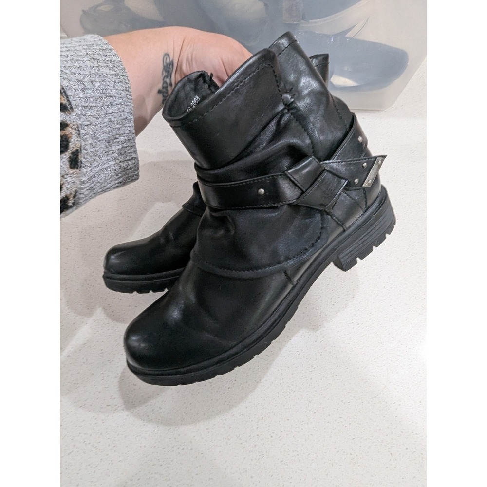 Moto Biker Ankle Boots Black Faux Leather Harness Detail Size 40 8 Edgy Combat